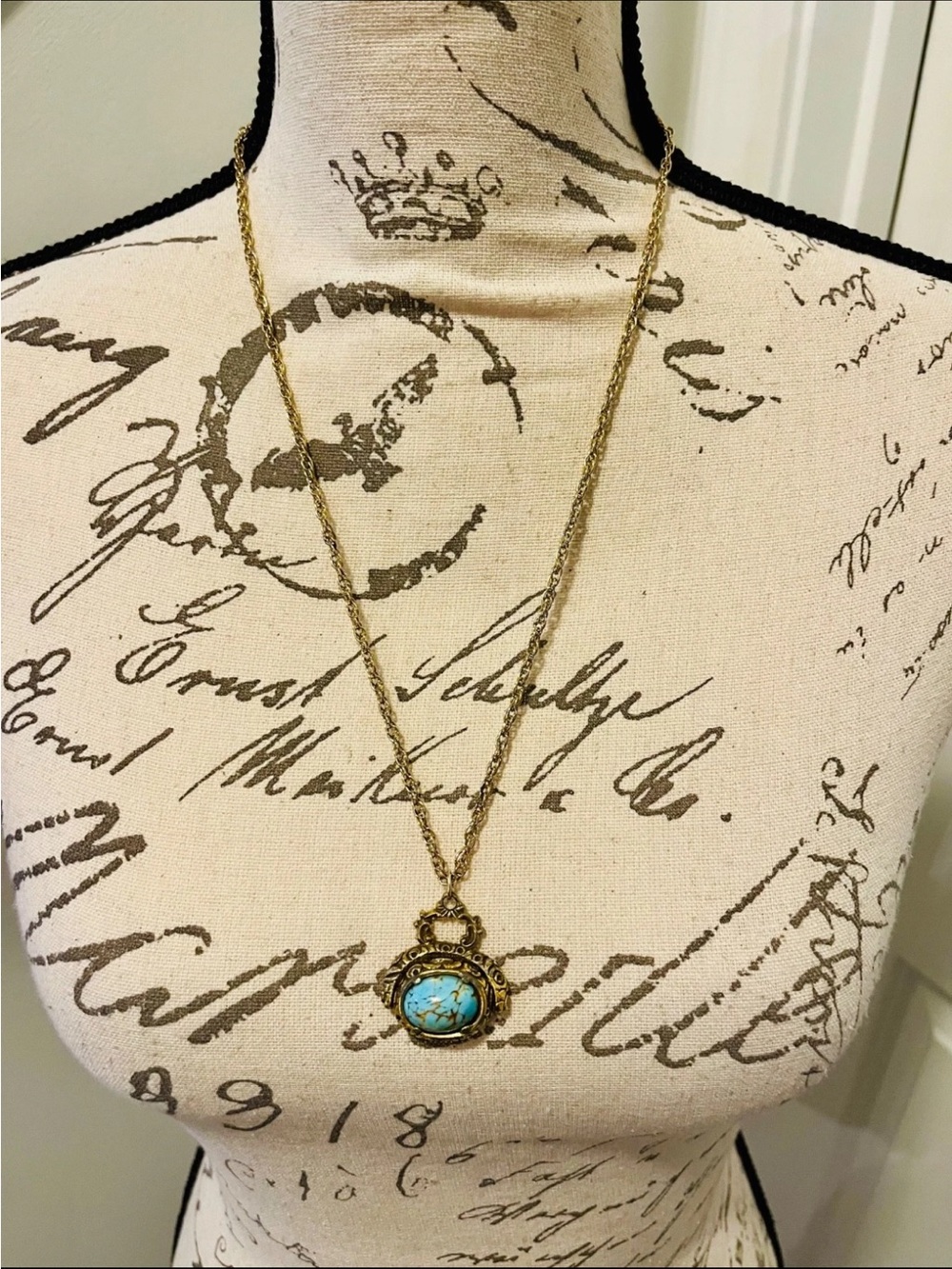 Vintage Unsigned Goldette Victorian Spinner Fob Necklace Faux Turquoise